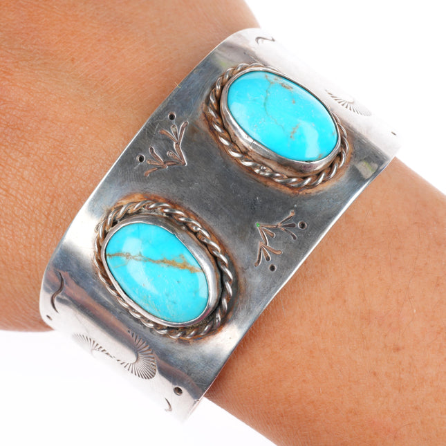 6.25" vintage Native American sterling silver wide band turquoise cuff bracelet