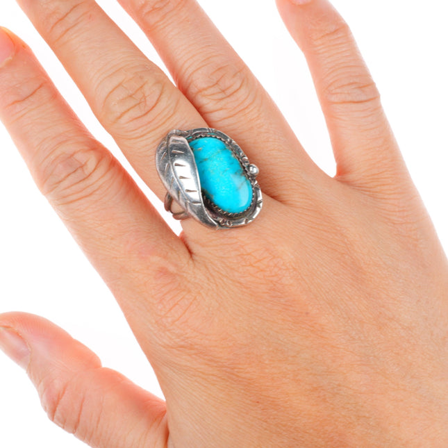sz7 vintage Navajo sterling silver and turquoise feather ring