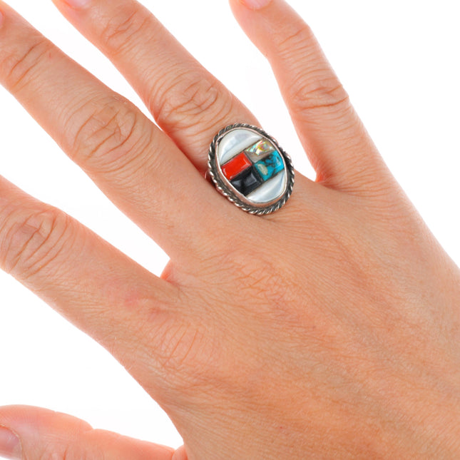 sz6 vintage Navajo sterling silver cobblestone inlay turquoise/coral/shell ring