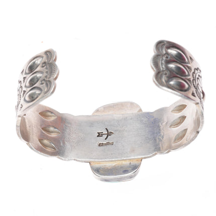 6.8" Navajo stamped sterling silver Ceremonial Kingman turquoise cuff bracelet