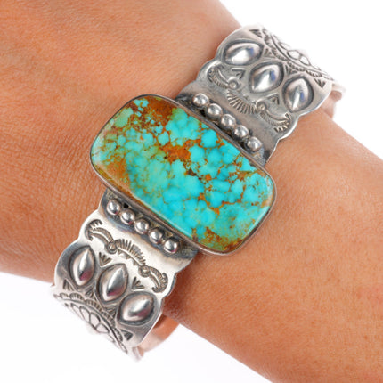 6.8" Navajo stamped sterling silver Ceremonial Kingman turquoise cuff bracelet