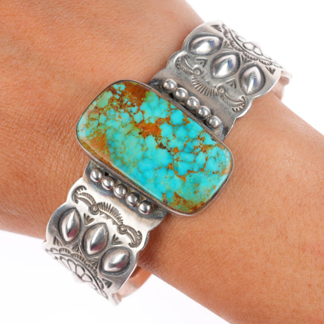 6.8" Navajo stamped sterling silver Ceremonial Kingman turquoise cuff bracelet