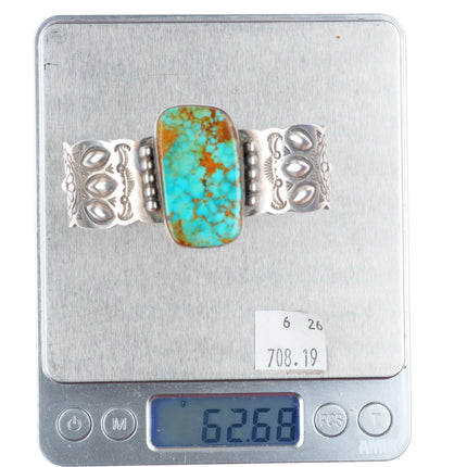 6.8" Navajo stamped sterling silver Ceremonial Kingman turquoise cuff bracelet