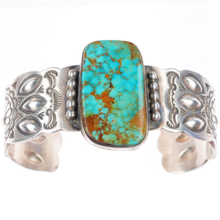 6.8" Navajo stamped sterling silver Ceremonial Kingman turquoise cuff bracelet