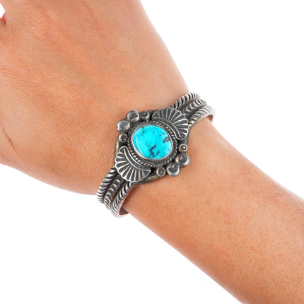 6.2" Eugene Hale Navajo deep stamped sterling silver cuff bracelet w/ turquoise