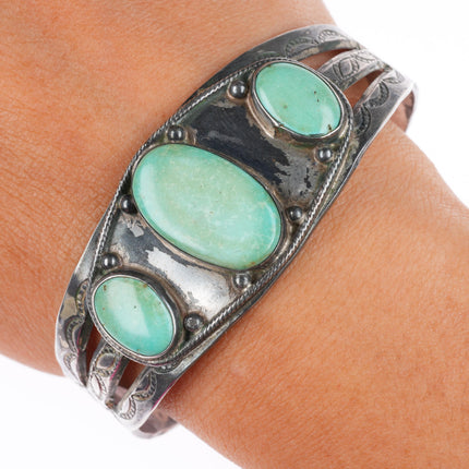 6.75" c1940 vintage Navajo 3 stone turquoise sterling silver cuff bracelet