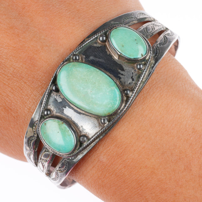 6.75" c1940 vintage Navajo 3 stone turquoise sterling silver cuff bracelet