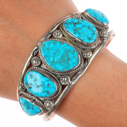 6.9" Vintage B Navajo sterling silver large stone turquoise row cuff bracelet