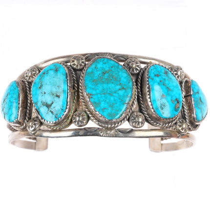 6.9" Vintage B Navajo sterling silver large stone turquoise row cuff bracelet