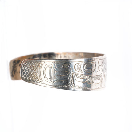 7" 1972 JB Northwest Coast Haida/Tlingit carved sterling silver cuff bracelet