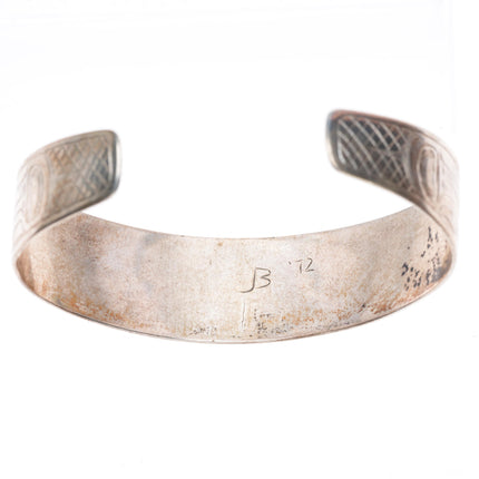 7" 1972 JB Northwest Coast Haida/Tlingit carved sterling silver cuff bracelet