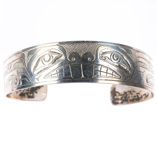 7" 1972 JB Northwest Coast Haida/Tlingit carved sterling silver cuff bracelet