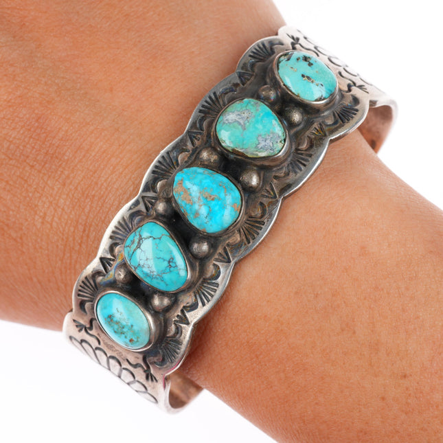 6.75" vintage Navajo sterling silver deep stamped turquoise row cuff bracelet