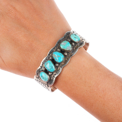 6.75" vintage Navajo sterling silver deep stamped turquoise row cuff bracelet