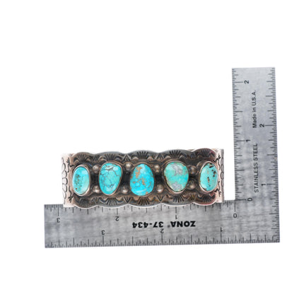 6.75" vintage Navajo sterling silver deep stamped turquoise row cuff bracelet