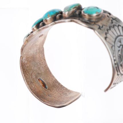 6.75" vintage Navajo sterling silver deep stamped turquoise row cuff bracelet