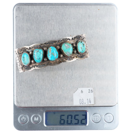 6.75" vintage Navajo sterling silver deep stamped turquoise row cuff bracelet