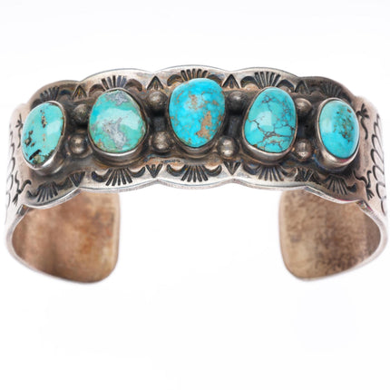 6.75" vintage Navajo sterling silver deep stamped turquoise row cuff bracelet