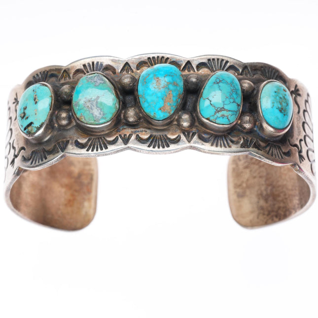 6.75" vintage Navajo sterling silver deep stamped turquoise row cuff bracelet