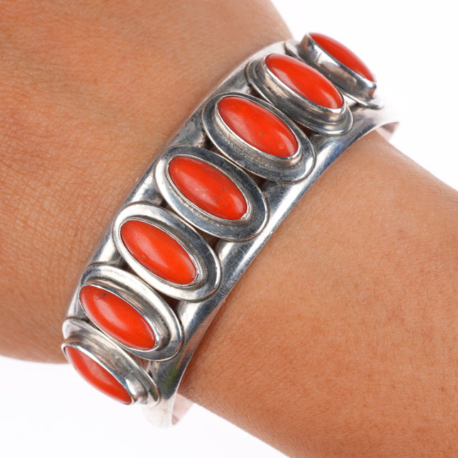 6.4" vintage T Duran Navajo sterling silver high grade coral row cuff bracelet