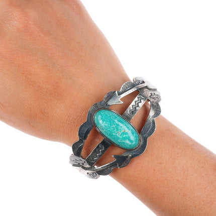 6.9" vintage Navajo c1950's Fred Harvey sterling silver turquoise cuff bracelet