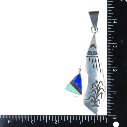 Michael Sockyma Hopi turquoise, lapis corn/raincloud sterling silver pendant