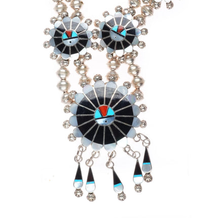Abel Soseeah Zuni Sterling silver squash blossom style sunface station necklace