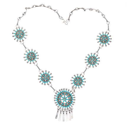 22.5" A Pablito Zuni sterling silver needlepoint turquoise cluster necklace