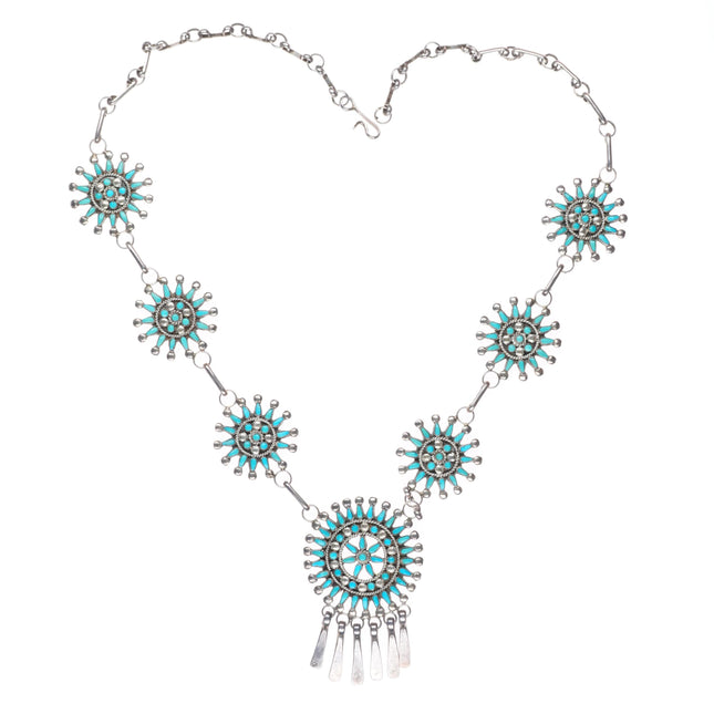 22.5" A Pablito Zuni sterling silver needlepoint turquoise cluster necklace