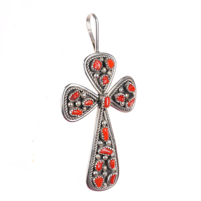 Ida Chester Navajo sterling silver coral cluster cross pendant