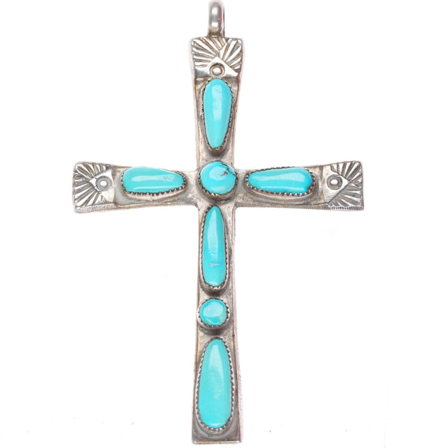 Horace Iule Zuni sterling silver turquoise stamped cross pendant