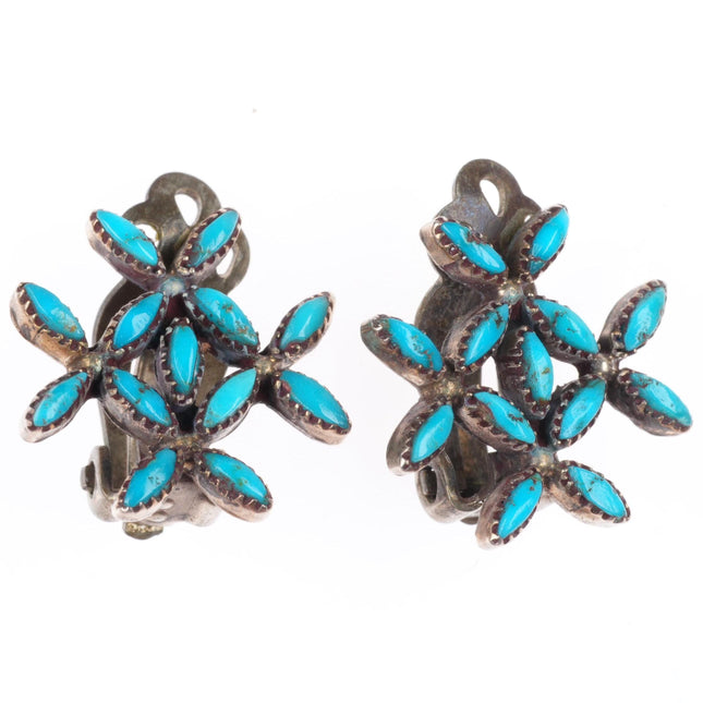 vintage Zuni sterling silver needlepoint turquoise petit point clip-on earrings