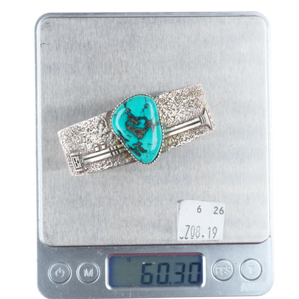 6.3" Henry Mariano Navajo sterling silver Yei cuff bracelet with nice turquoise