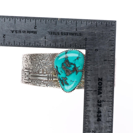 6.3" Henry Mariano Navajo sterling silver Yei cuff bracelet with nice turquoise