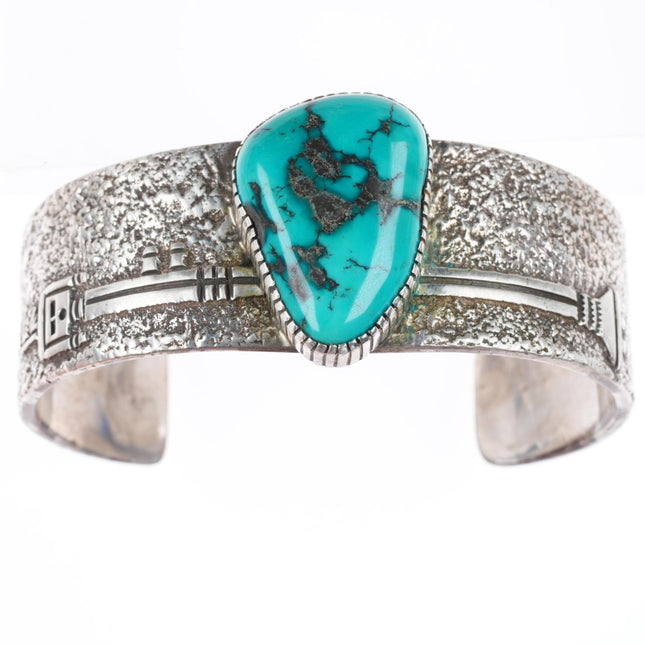 6.3" Henry Mariano Navajo sterling silver Yei cuff bracelet with nice turquoise