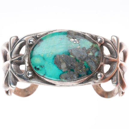 6.7" c1950 vintage Navajo sterling silver cast cuff bracelet with nice turquoise