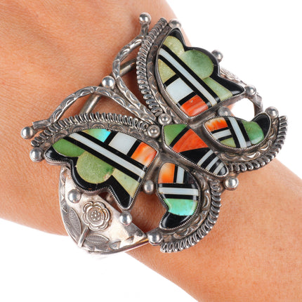 6.3" c1940 Zuni turquoise, spiny oyster sterling silver butterfly cuff bracelet