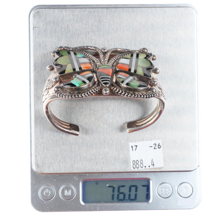6.3" c1940 Zuni turquoise, spiny oyster sterling silver butterfly cuff bracelet