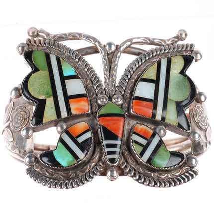 6.3" c1940 Zuni turquoise, spiny oyster sterling silver butterfly cuff bracelet