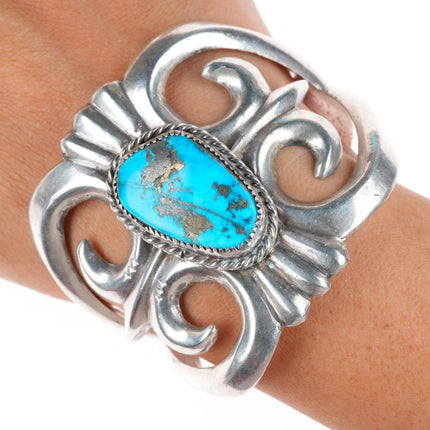 6.5" Large vintage Navajo cast sterling silver turquoise cuff bracelet