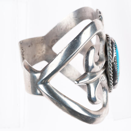 6.5" Large vintage Navajo cast sterling silver turquoise cuff bracelet