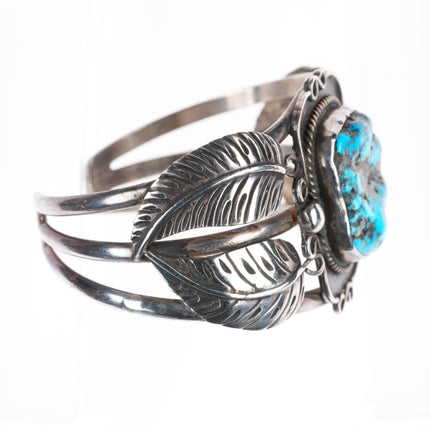 6.1" vintage Navajo sterling silver feather designs turquoise cuff bracelet