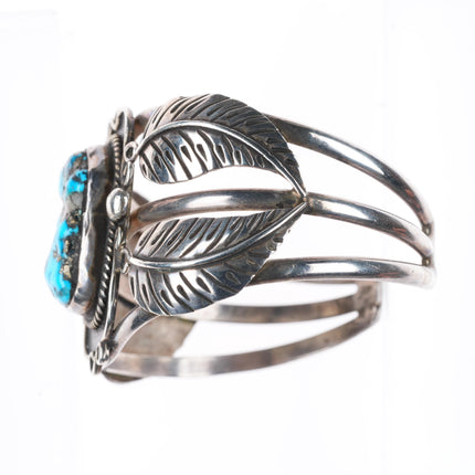 6.1" vintage Navajo sterling silver feather designs turquoise cuff bracelet