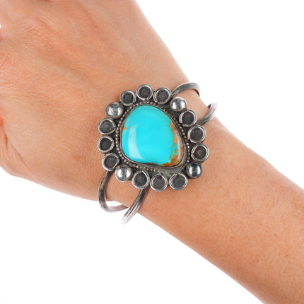 6.5" Vintage Navajo sterling silver large turquoise stone cuff bracelet