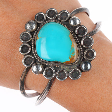 6.5" Vintage Navajo sterling silver large turquoise stone cuff bracelet