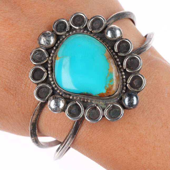 6.5" Vintage Navajo sterling silver large turquoise stone cuff bracelet