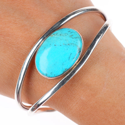 7.1" vintage LWM Southwestern modernist sterling silver turquoise cuff bracelet