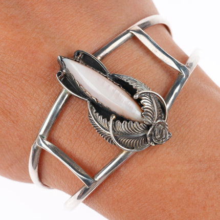 6.5" vintage Les Baker Shop sterling silver pink mother of pearl cuff bracelet