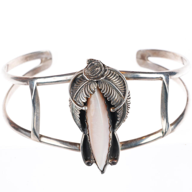6.5" vintage Les Baker Shop sterling silver pink mother of pearl cuff bracelet