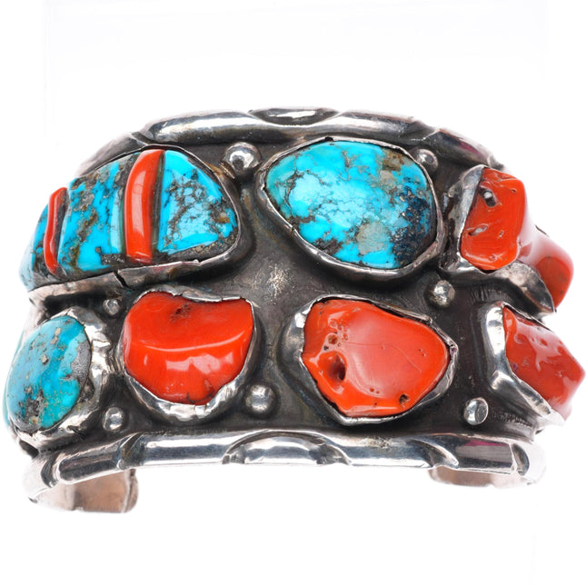 7.75" vintage Navajo Morenci turquoise Mediterranean coral large cuff bracelet